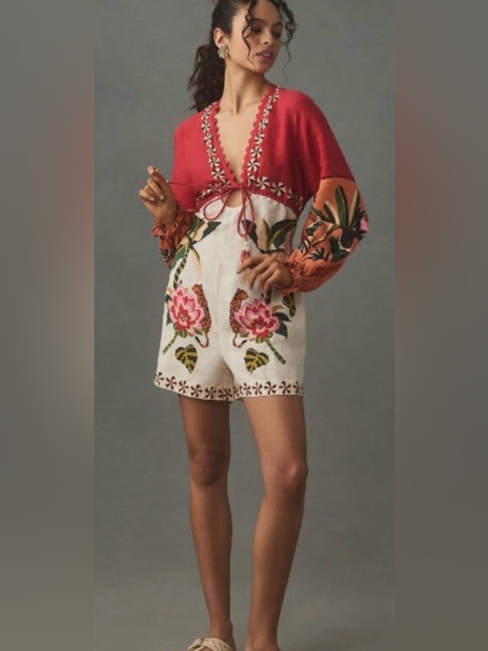 Anthropologie Pink and Cream Embroidered V-Neck Romper